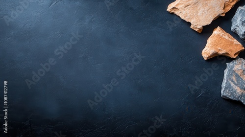 Fragments of rugged rock rest on a cool, dark slate serving as a minimalist backdrop, embodying themes of raw nature, structural beauty, and earthly simplicity. photo