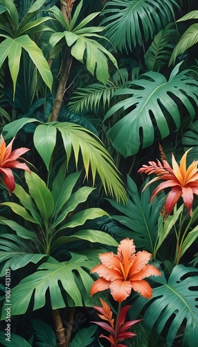 Tropical exotic pattern with animal and flowers in bright colors and lush vegetation