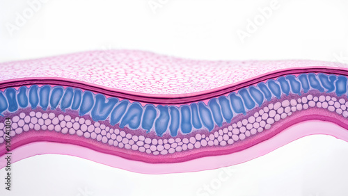 Intricate and Detailed Medical Illustration of Simple Squamous Epithelial Tissue with Cross-Section View and Microscopic Features