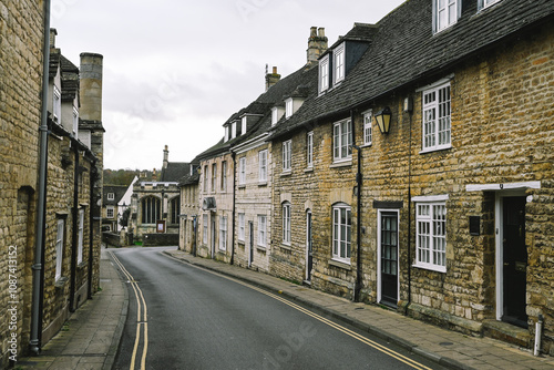 Beautiful English Street in Stamford with Lincolnshire Limestone Houses and Buildings in the Autumn, quintessential town and city in England