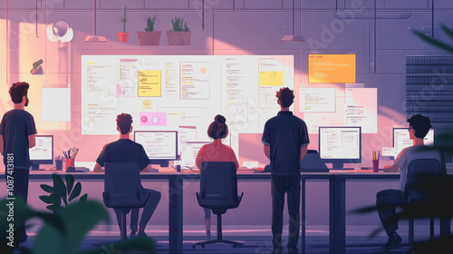 Collaborative Scene of Programmers Working Together in a Modern Tech Environment with Vibrant Visual Displays and Lively Engagement
