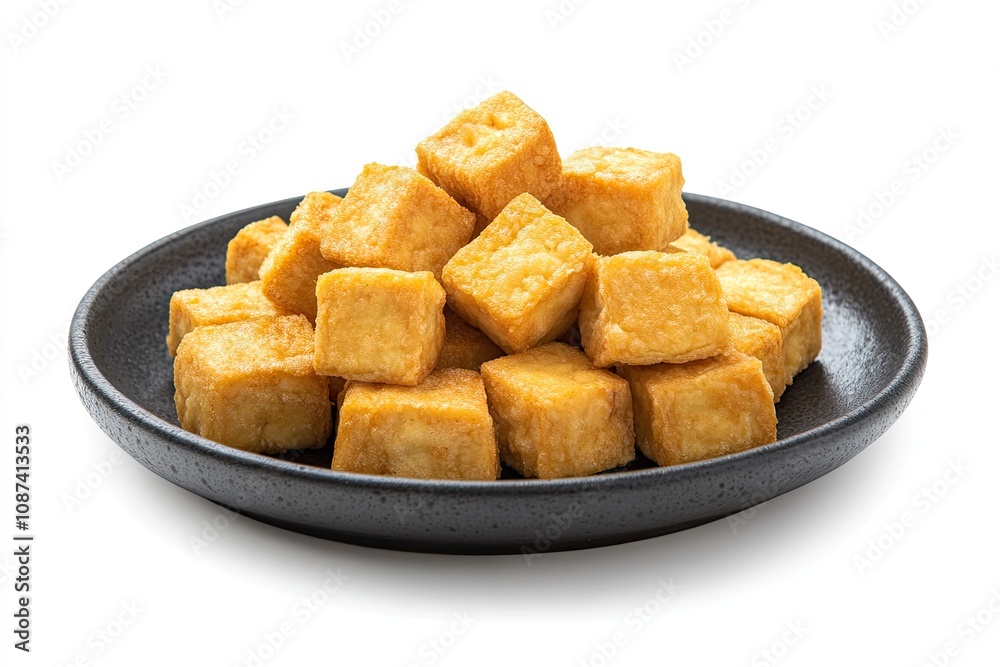 Fried tofu on a black plate in a white background Fried tofu on a black plate in a white background
