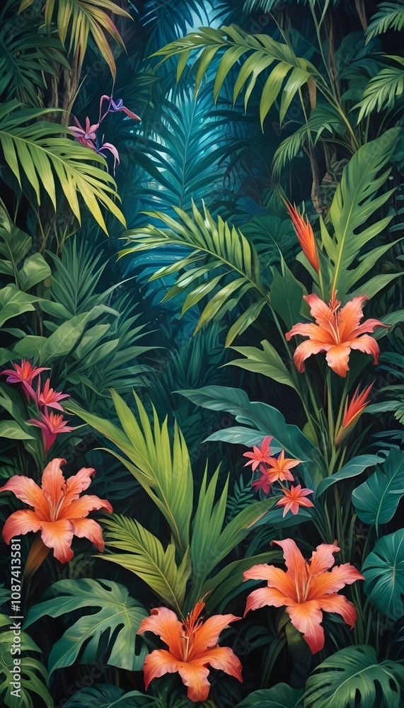 Tropical exotic pattern with animal and flowers in bright colors and lush vegetation Tropical exotic pattern with animal and flowers in bright colors and lush vegetation