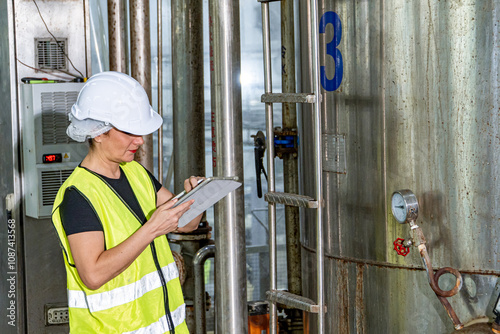 Female industrial engineer wearing a white helmet while standing in a heavy industrial factory