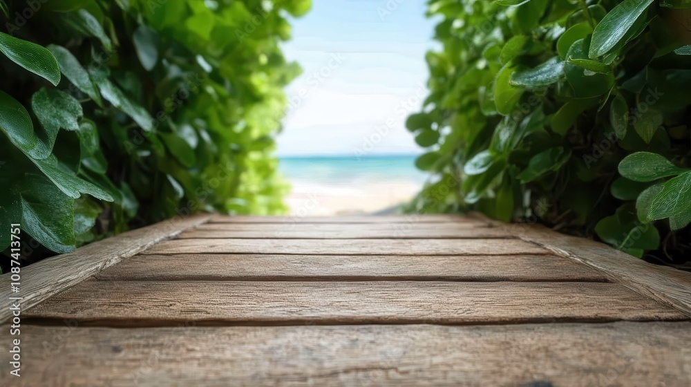 A charming wooden pathway meanders through dense green foliage, leading to a serene view of the sea, embodying tranquility and a journey to peacefulness. A charming wooden pathway meanders through dense green foliage, leading to a serene view of the sea, embodying tranquility and a journey to peacefulness.