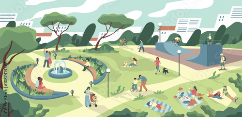 People in park. City walk. Picnic with friends in summer landscape. Person on bicycle. Man playing with dog. Woman stroll. Street outdoor. Kid on skateboard. Vector cartoon cityscape