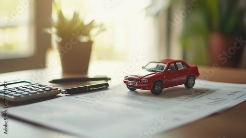 Closeup of a small red toy car model placed on a desk next to a calculator pen and paperwork related to vehicle insurance and financial planning photo