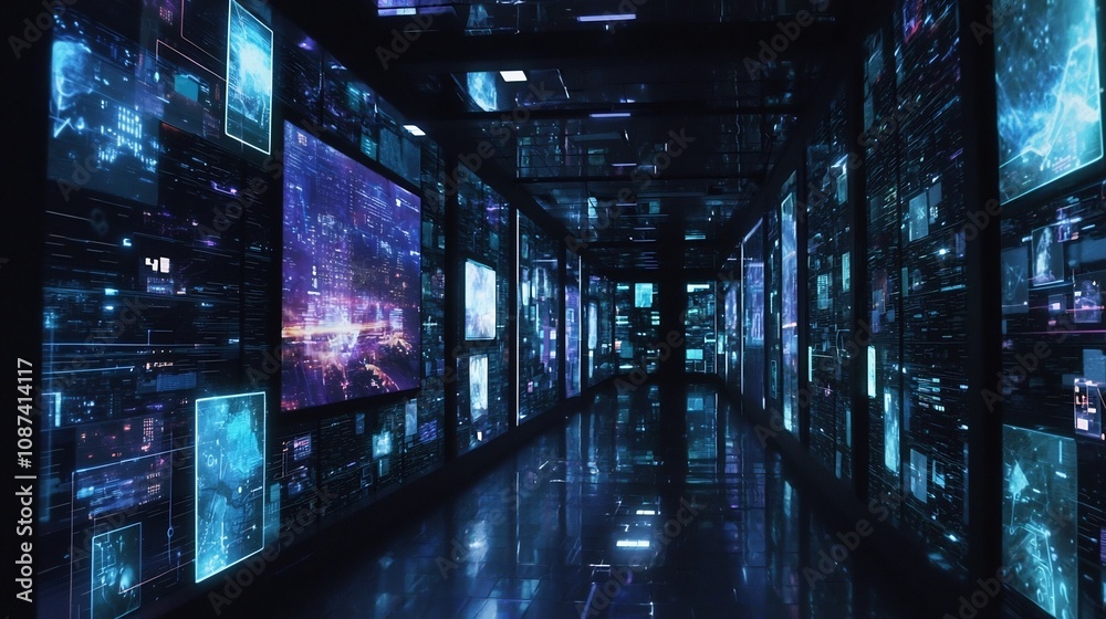 Obraz premium Cutting edge futuristic warehouse with blockchain based inventory management system displayed on interactive digital screens Showcasing the power of data analytics automation