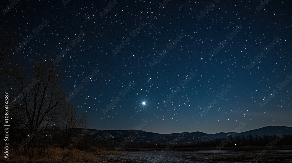 A serene night sky filled with twinkling stars, with a prominent Christmas star shining brightly in the center. A serene night sky filled with twinkling stars, with a prominent Christmas star shining brightly in the center.
