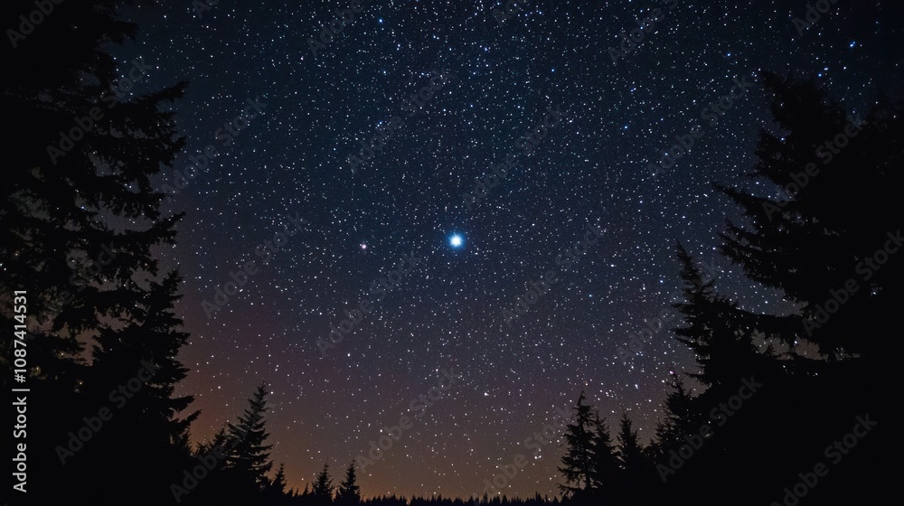 Naklejka premium A serene night sky filled with twinkling stars, with a prominent Christmas star shining brightly in the center.