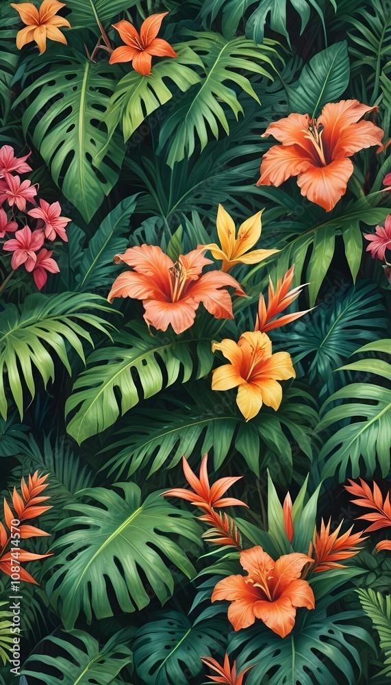 Tropical exotic pattern with animal and flowers in bright colors and lush vegetation Tropical exotic pattern with animal and flowers in bright colors and lush vegetation