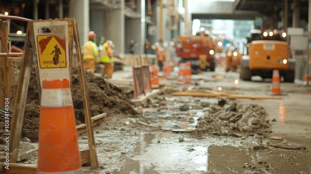 Construction Site Workers and Safety Cones Mud Construction Site Workers and Safety Cones Mud