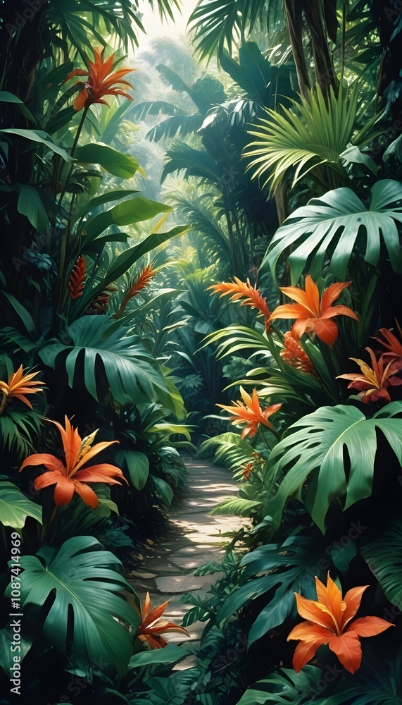 Tropical exotic pattern with animal and flowers in bright colors and lush vegetation Tropical exotic pattern with animal and flowers in bright colors and lush vegetation