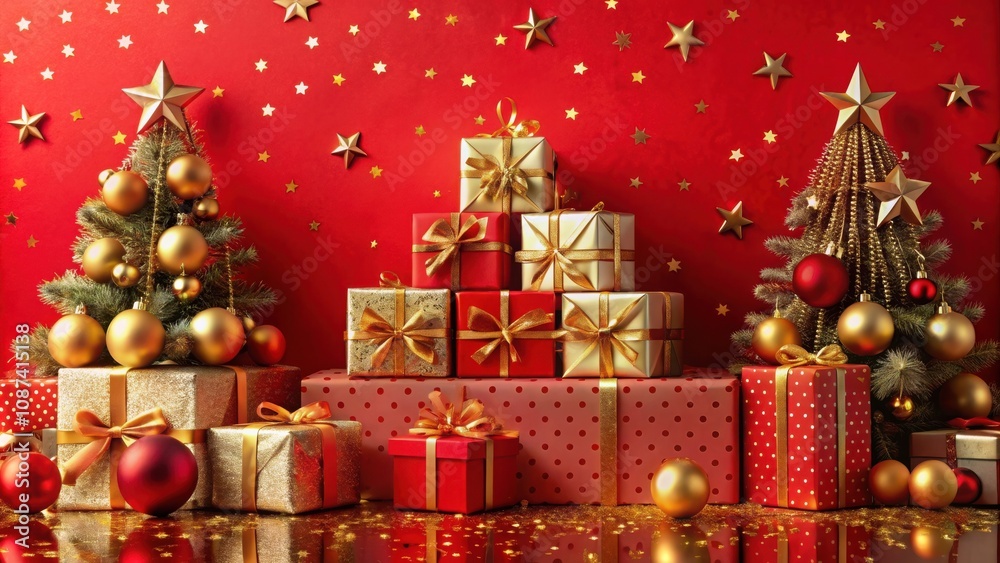 A Festive Christmas Display Featuring Two Decorated Trees, a Stack of Wrapped Gifts, and Gold Stars Scattered on a Vibrant Red Background A Festive Christmas Display Featuring Two Decorated Trees, a Stack of Wrapped Gifts, and Gold Stars Scattered on a Vibrant Red Background