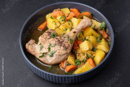 Duck leg with broth, stewed with potatoes and carrots, sprinkled with parsley and sumac. Simple home hearty cooking. Deep gray plate on a black background. Selective focus, close-up.