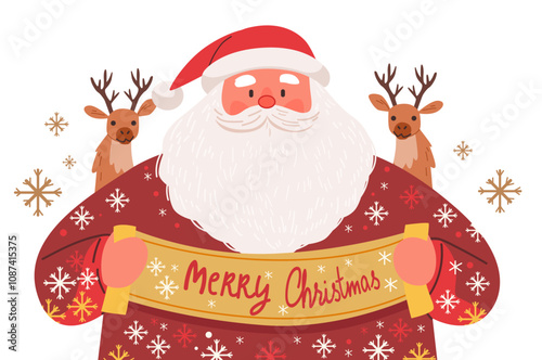 Santa Claus holding festive banner surrounded by reindeer and snowflakes in a cheerful holiday theme. Bright colors and playful design