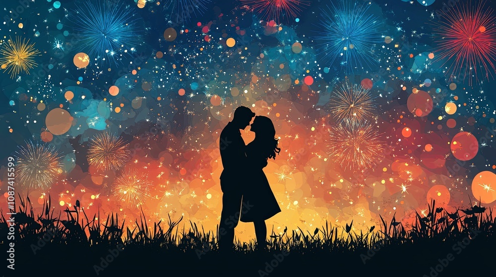 Silhouetted Couple Embraces Amidst Vibrant Fireworks Display Silhouetted Couple Embraces Amidst Vibrant Fireworks Display