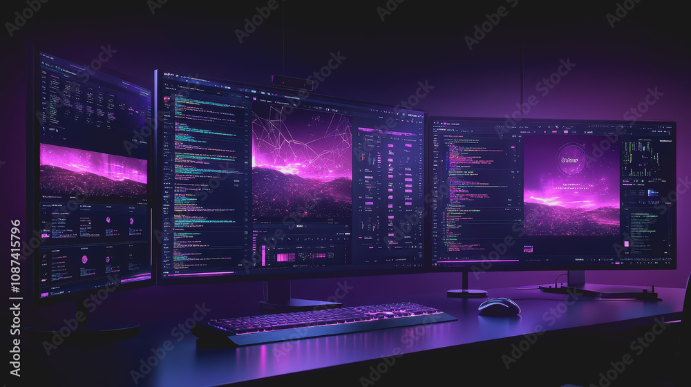 Futuristic Workspace with Multiple Monitors Displaying Code and Data Visualizations in Vibrant Purple Light for Web Development Projects Futuristic Workspace with Multiple Monitors Displaying Code and Data Visualizations in Vibrant Purple Light for Web Development Projects