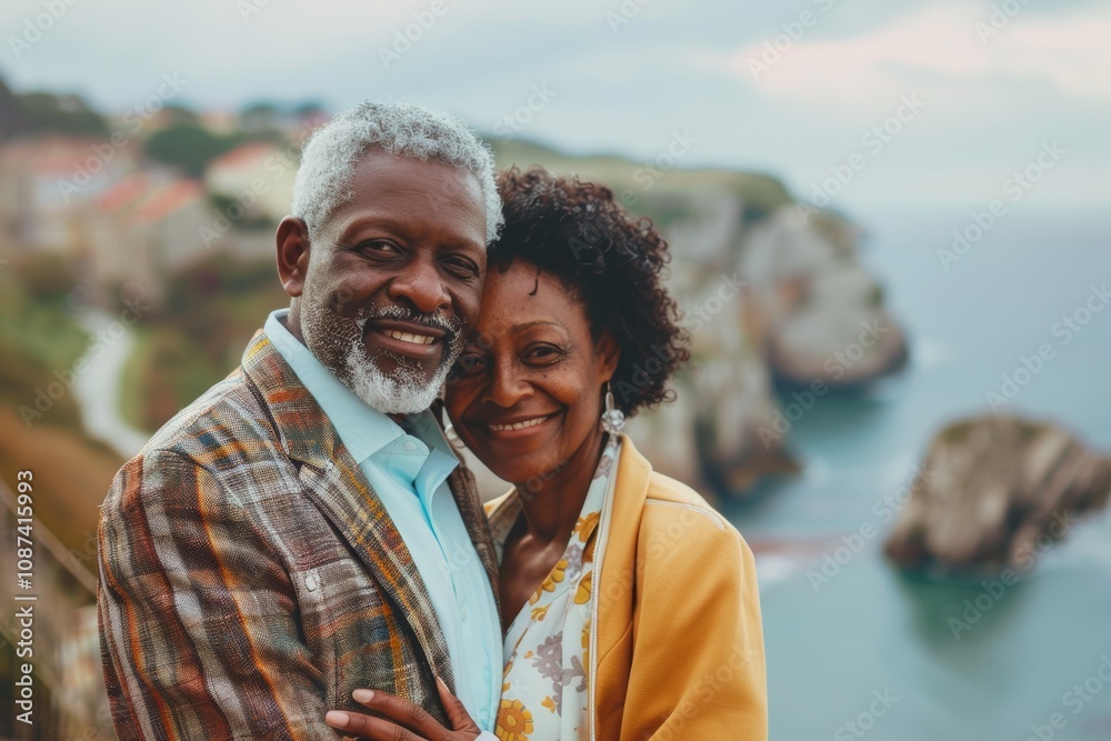 Portrait of a merry afro-american couple in their 50s wearing a professional suit jacket while standing against picturesque seaside village Portrait of a merry afro-american couple in their 50s wearing a professional suit jacket while standing against picturesque seaside village