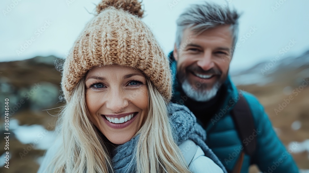 A joyful couple dressed in warm attire smiles together as they hike outdoors in wintry conditions, highlighting their love for adventure and the great outdoors. A joyful couple dressed in warm attire smiles together as they hike outdoors in wintry conditions, highlighting their love for adventure and the great outdoors.