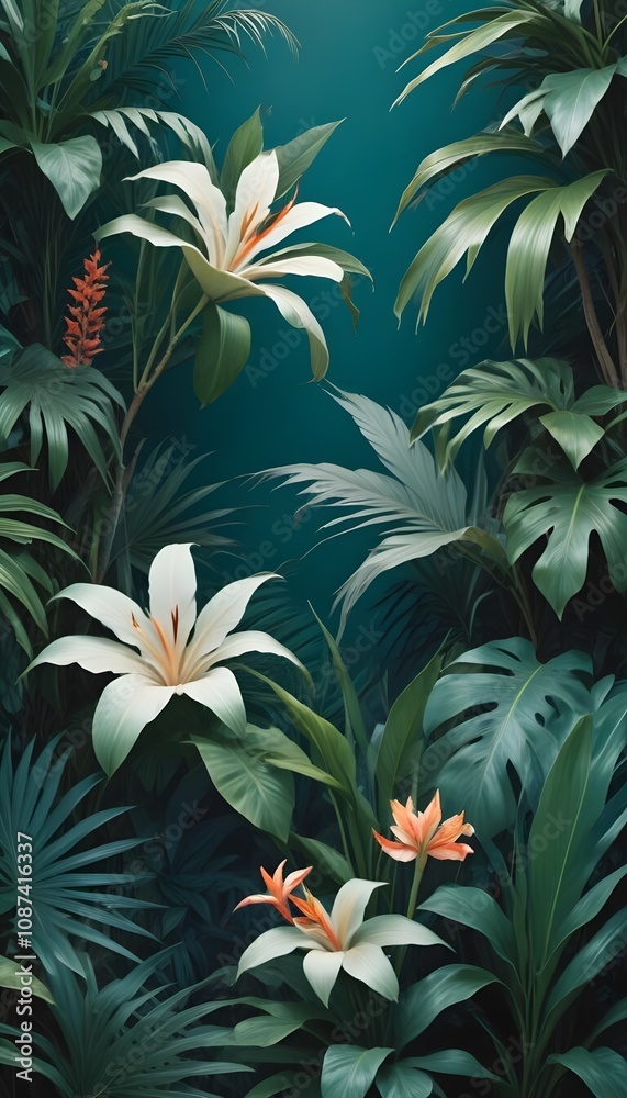 Tropical exotic pattern with animal and flowers in bright colors and lush vegetation Tropical exotic pattern with animal and flowers in bright colors and lush vegetation
