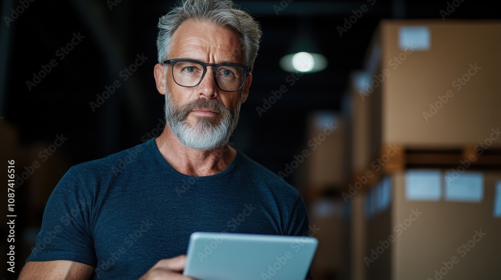 A distinguished elderly man with gray hair and glasses is holding a tablet in a warehouse setting with numerous stacks of cardboard boxes behind him. A distinguished elderly man with gray hair and glasses is holding a tablet in a warehouse setting with numerous stacks of cardboard boxes behind him.