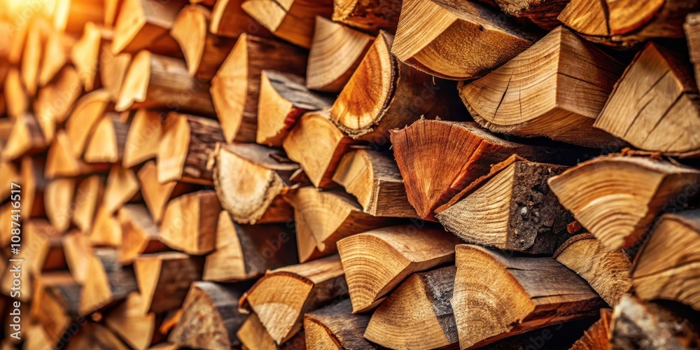 A stack of neatly arranged firewood logs with warm, natural tones, revealing the intricate grain patterns and textures of the wood A stack of neatly arranged firewood logs with warm, natural tones, revealing the intricate grain patterns and textures of the wood