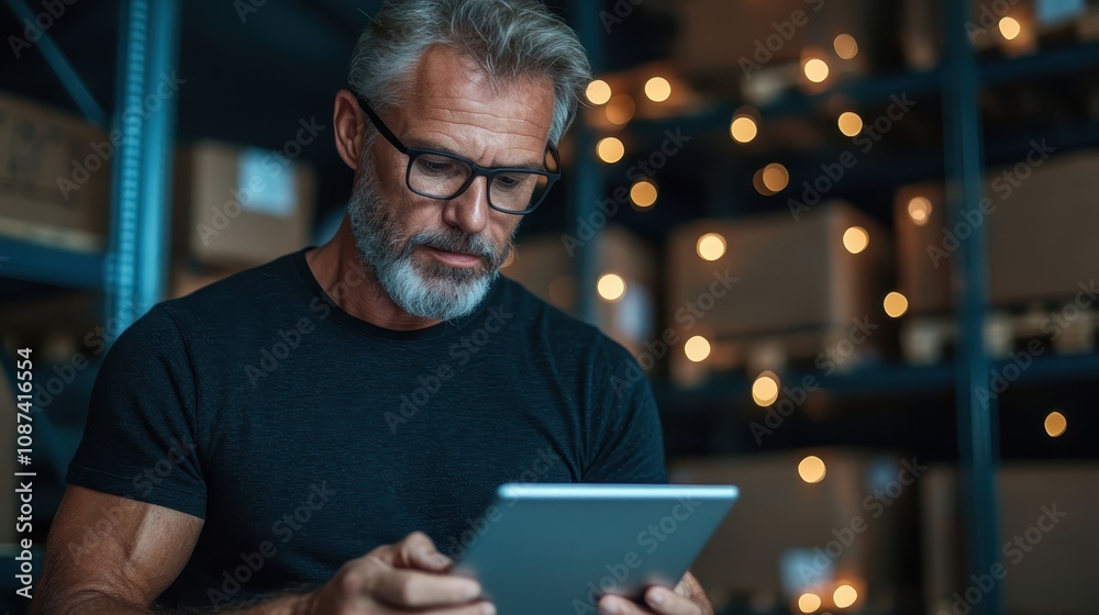 A mature man with a beard and glasses, wearing a black shirt, is focused on using a tablet in a warehouse with box shelves and ambient bokeh lighting. A mature man with a beard and glasses, wearing a black shirt, is focused on using a tablet in a warehouse with box shelves and ambient bokeh lighting.