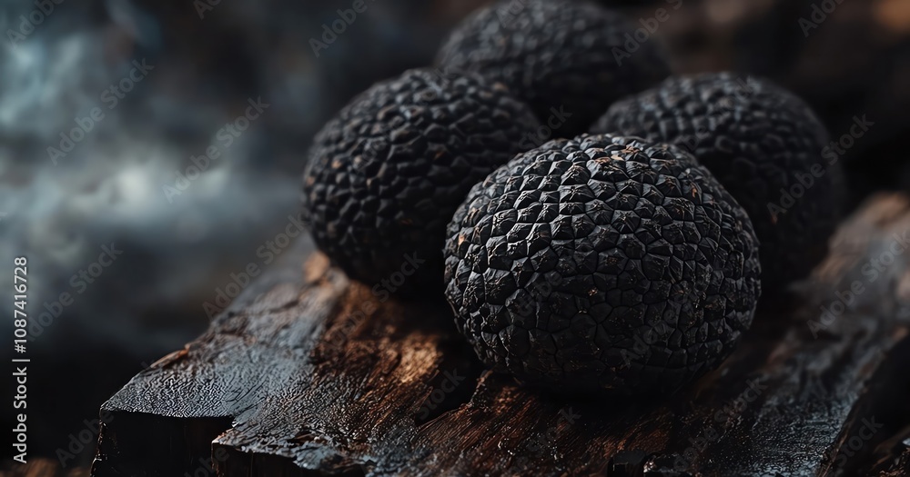 Black truffles closeup, dark wood backdrop, high texture, selective focus Black truffles closeup, dark wood backdrop, high texture, selective focus