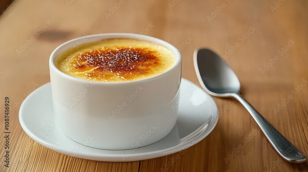 A creamy dessert with a caramelized sugar topping, served in a white cup on a plate, next to a spoon on a wooden surface. A creamy dessert with a caramelized sugar topping, served in a white cup on a plate, next to a spoon on a wooden surface.
