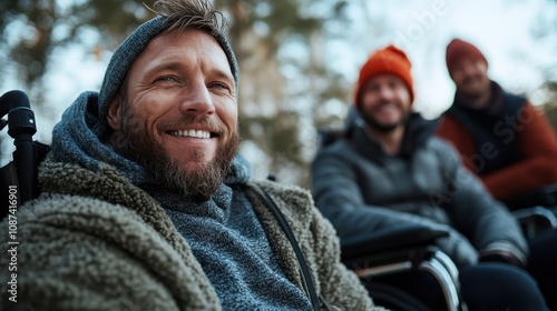 Three friends, dressed warmly, smile and enjoy the snowy outdoors. Two are seated in wheelchairs, showcasing friendship and outdoor winter wonderland fun.