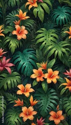 Tropical exotic pattern with animal and flowers in bright colors and lush vegetation