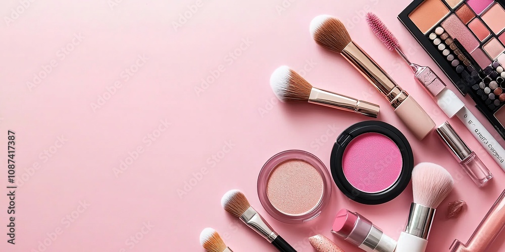 Flat lay of makeup products and brushes on a pink background, featuring blush, lipstick, eyeshadow palette, and cosmetic tools arranged aesthetically Flat lay of makeup products and brushes on a pink background, featuring blush, lipstick, eyeshadow palette, and cosmetic tools arranged aesthetically