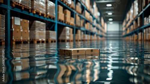 Industrial flood scene with floating box in warehouse setting for disaster preparedness and risk management