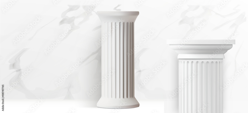 A set of pristine white classical columns with fluted designs stands against a subtle marble-patterned background. Vector illustration A set of pristine white classical columns with fluted designs stands against a subtle marble-patterned background. Vector illustration
