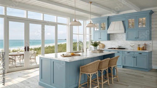 Bright beach house kitchen with blue cabinets and ocean view photo