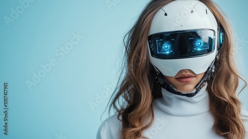 A woman is seen wearing a futuristic white helmet with a blue lens covering her face, representing advanced technology and a visionary perspective in a modern context. photo