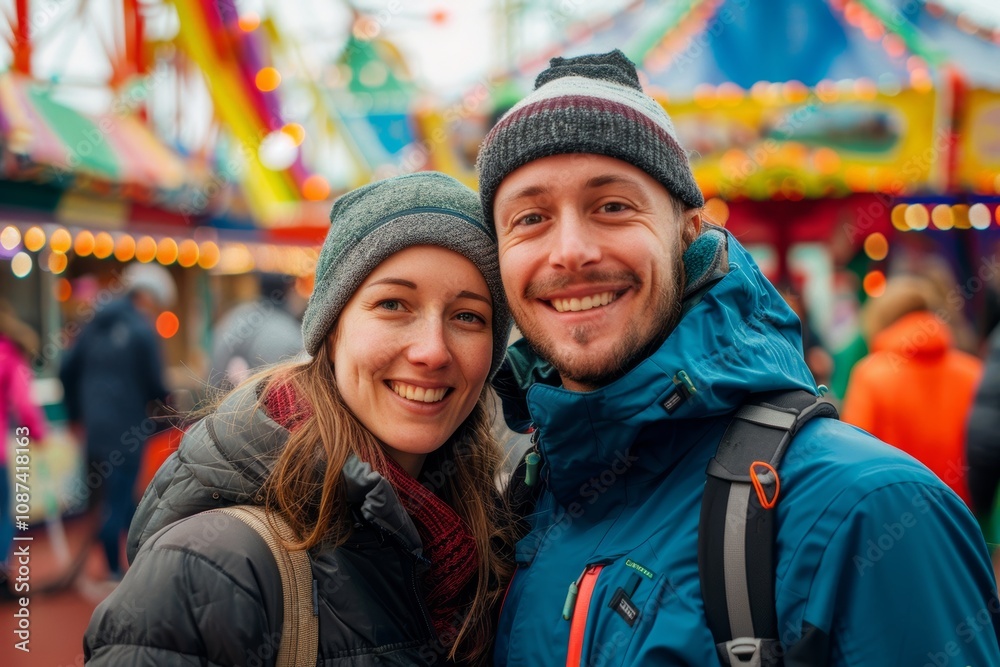 Portrait of a smiling caucasian couple in their 30s wearing a windproof softshell while standing against vibrant amusement park Portrait of a smiling caucasian couple in their 30s wearing a windproof softshell while standing against vibrant amusement park