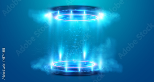 A high-tech holographic platform emits bright blue light beams and glowing particles against a gradient blue background The scene has a futuristic and sci-fi feel, showcasing a portal. Vector 