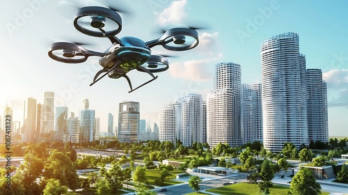 Futuristic concept of electric flying cars hovering above a modern cityscape with designated landing zones and skyscrapers photo