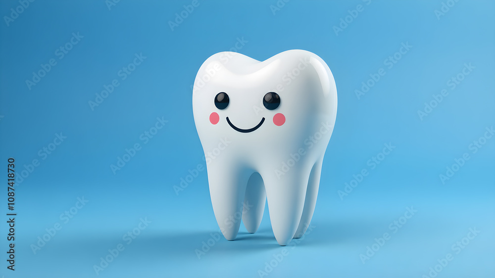 3D happy tooth 3d illustration. Cartoon dental character. Cute dentist mascot.