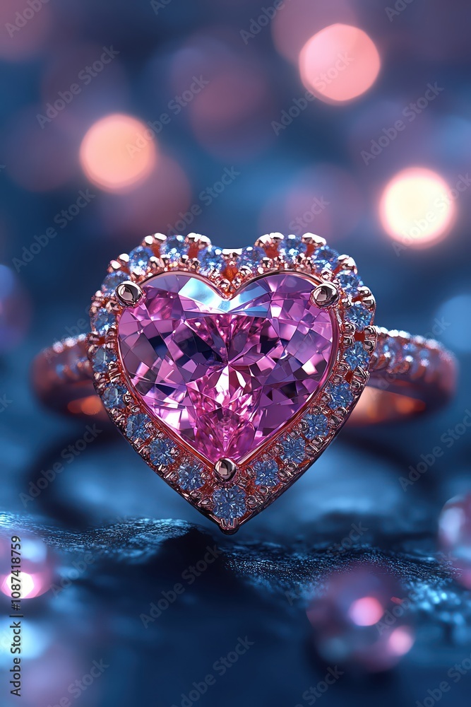 Elegant pink heartshaped gemstone ring with diamond accents, sparkling under soft romantic lighting, bokeh in background Elegant pink heartshaped gemstone ring with diamond accents, sparkling under soft romantic lighting, bokeh in background