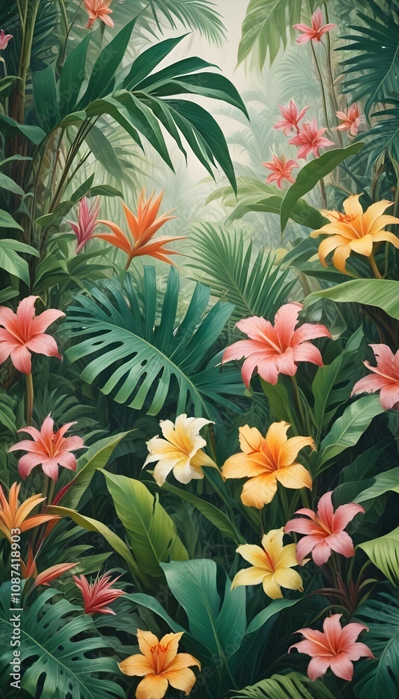 Tropical exotic pattern with animal and flowers in bright colors and lush vegetation Tropical exotic pattern with animal and flowers in bright colors and lush vegetation