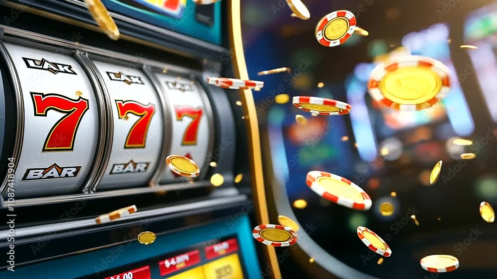A close-up of a slot machine’s reels showing 777, with gold coins and chips flying in all directions, symbolizing the exhilaration of a major online casino win.
