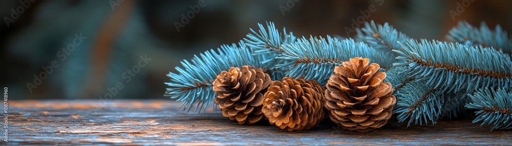 Fir branches with cones on dark wood, moody light, flat lay Fir branches with cones on dark wood, moody light, flat lay