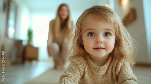 An inquisitive toddler girl with fluffy hair, wearing a knitted sweater, explores a bright room, with a smiling woman comfortably seated in the background.