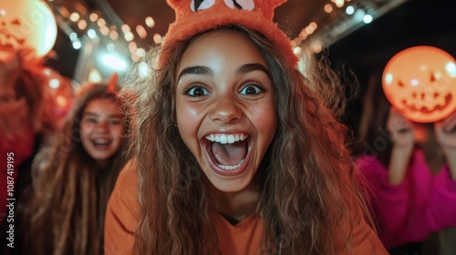 A joyful young girl in an orange costume laughs energetically, surrounded by glowing pumpkin decorations at a festive Halloween gathering full of thrill and fun.