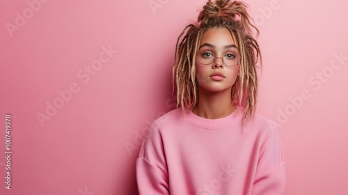 A young woman with stylish dreadlocks and chic glasses stands confidently against a playful pink backdrop, capturing youthful energy and modern fashion trends.