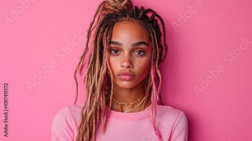 A striking woman with long, colored dreadlocks and elegant jewelry stands confidently in a pink top against a matching pink background, symbolizing individuality and style.