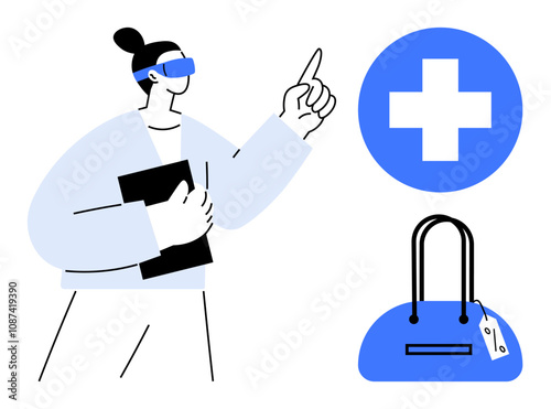 Person holding a folder points up, accompanied by a medical cross symbol and a handbag. Ideal for healthcare concepts, shopping, business, navigation, technology, organizational roles, marketing